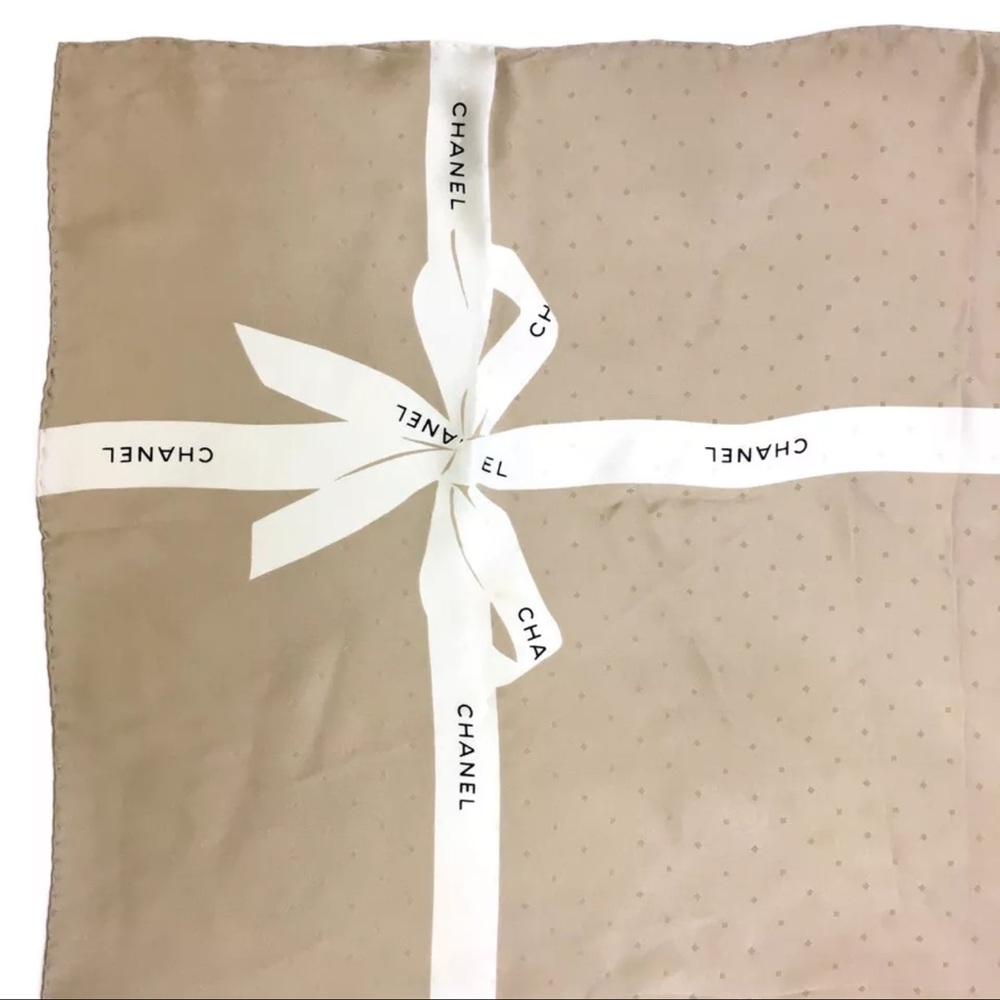 ❌❌SOLD❌❌AUTH CHANEL Logo Ribbon Silk Scarf Tan Beige - Picture 2 of 7
